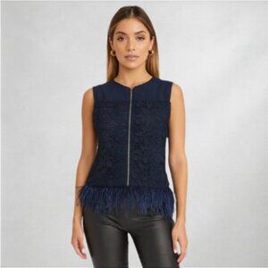 Anthropologie Greylin Womens Top L Navy Lace Sleeveless Zip Ostrich Feathers bb